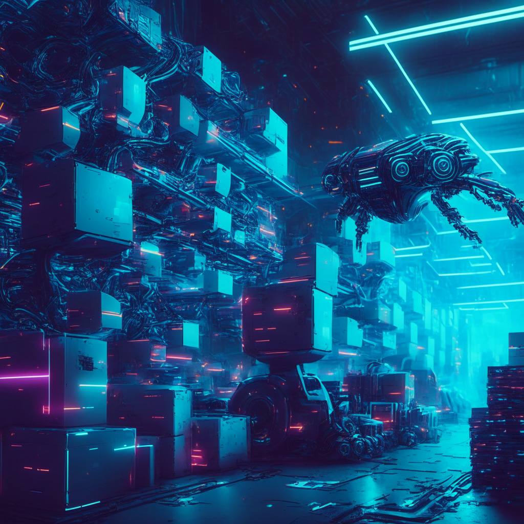 An intricately detailed cyberpunk style image, artificial intelligence streamlining the supply chain process, robotic arms powered with computer vision handling goods, autonomous mobile robots moving across a futuristic warehouse, LED lights illuminating the scene, paperwork replaced with holographic displays, a mood of organised chaos and innovation.