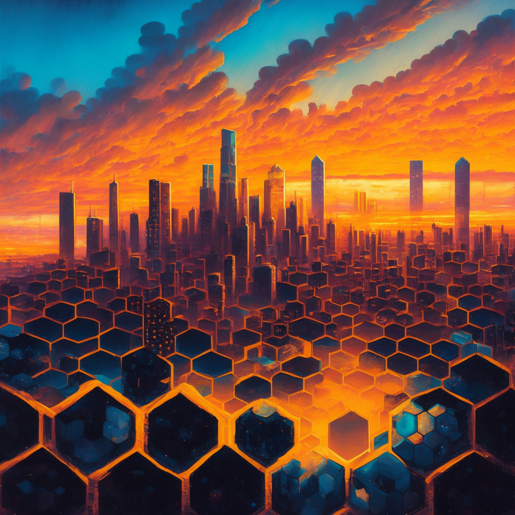 An intricate oil painting of a bustling city skyline at twilight, buildings constructed from densely packed hexagons - a symbolic nod to blockchain networks. The cool hues of the city contrast with a vibrant sunset, metaphorically representing the fiery promise of Telegram's crypto integration. In the foreground, a giant coin marked 'TON' floats, gleaming prominently as hints of lightning crackle around it, a tribute to Bitcoin's Lightning Network. The atmosphere is filled with an aura of anticipation and uncertainty.