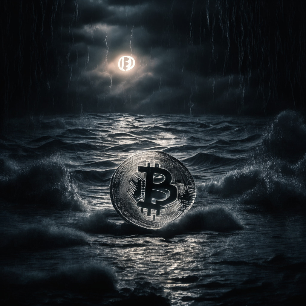 A dark, abstract, expressive scene reflecting the tumultuous sea of cryptocurrency markets. In the foreground, a silver coin symbolizing XRP glows faintly, representing a glimmer of hope and subtle gains amidst the uncertainty. Details should be highlighted in a chiaroscuro light setting, heightening the perceived instability of the scene. The background should depict a rising tide, perhaps interpreted through an impressionist style, representing new altcoins navigating the volatile waves. Overall, the mood of the image should capture the thrilling unpredictability inherent in the crypto sphere.