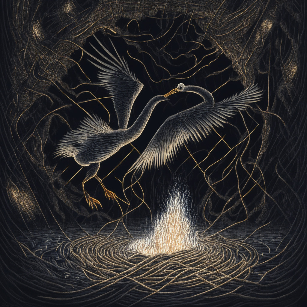 A scene depicting an intricate weaving thread, symbolizing the Bitcoin UTXO patterns, falling into a black swan, which represents the March 2020 crash. The scene set in a dim-lit, stormy night with occasional sparks of lightning for the light setting. The artistic style should be surreal and dramatic, capturing the intense mood of uncertainty, fear and hope.