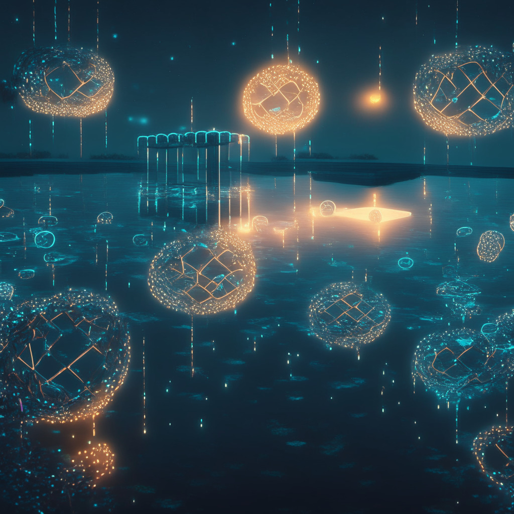 Conceptual evening scene, gloom and intrigue mood. A massive, intricately designed blockchain, glowing with a mysterious light, floating above a serene pool reflecting its image, symbolizing Privacy Pools. Various forms representing 'good' and 'bad' transactions floating around in soft, subdued hues. Chains extending towards the horizon, embodying the reaching future of blockchain technology.