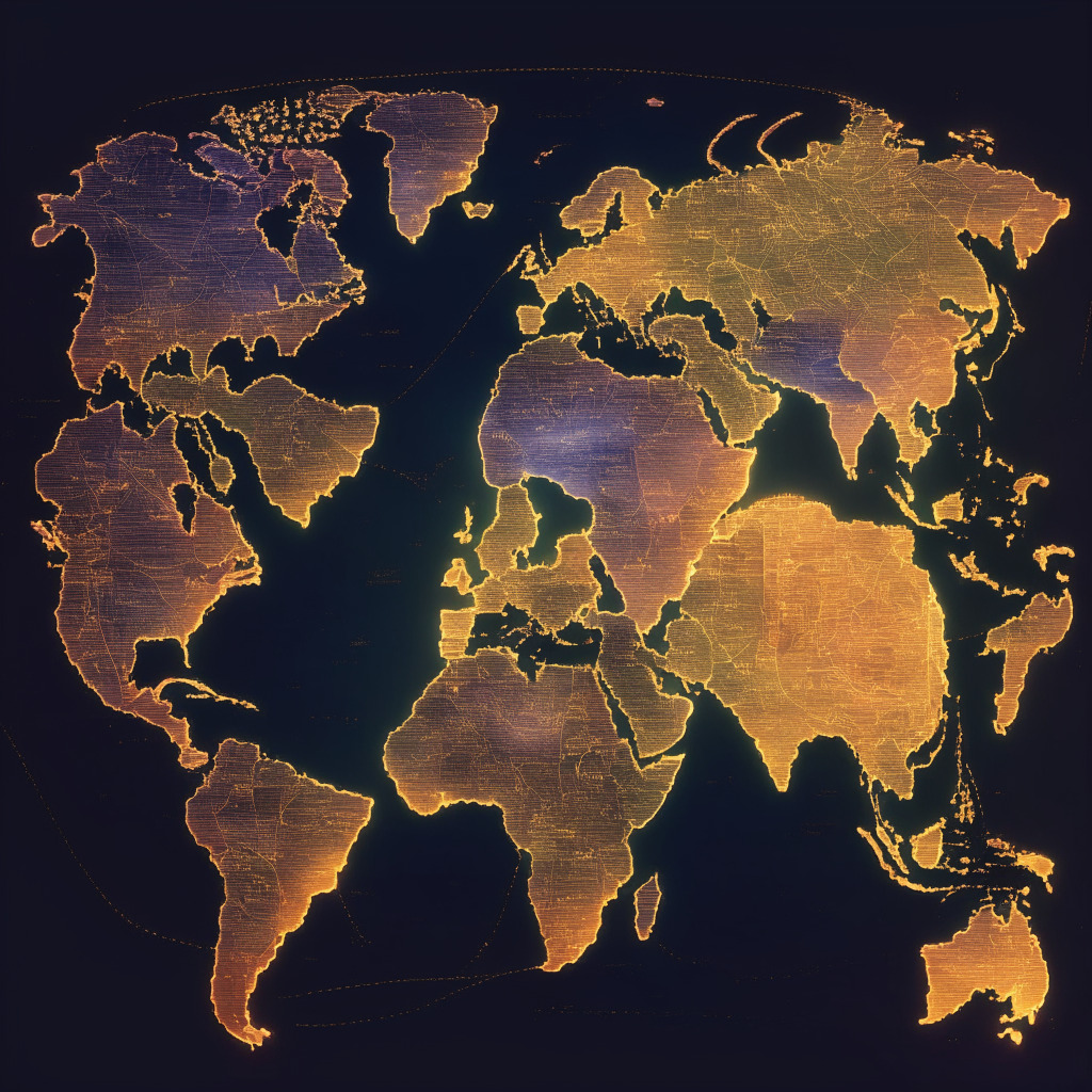 An intricate, digital world map, illuminated by the ethereal glow of a gradient sky, having a muted twilight and dawn-like hues. The classical paint strokes vibe to convey the rich culture and economic growth of Central and Southern Asia. Luminous nodes positioned across the map, with the brightest ones in India, Vietnam, Philippines, Nigeria, and the United States; each representing crypto activity across centralized and DeFi protocols. A vast network of pulsing lines of different densities and colours connecting from these nodes, revealing divergent, yet interlinked, paths of adoption. The mood is hopeful yet contemplative, as the lower middle-income countries emit a growing radiance underneath the shifting global trends.