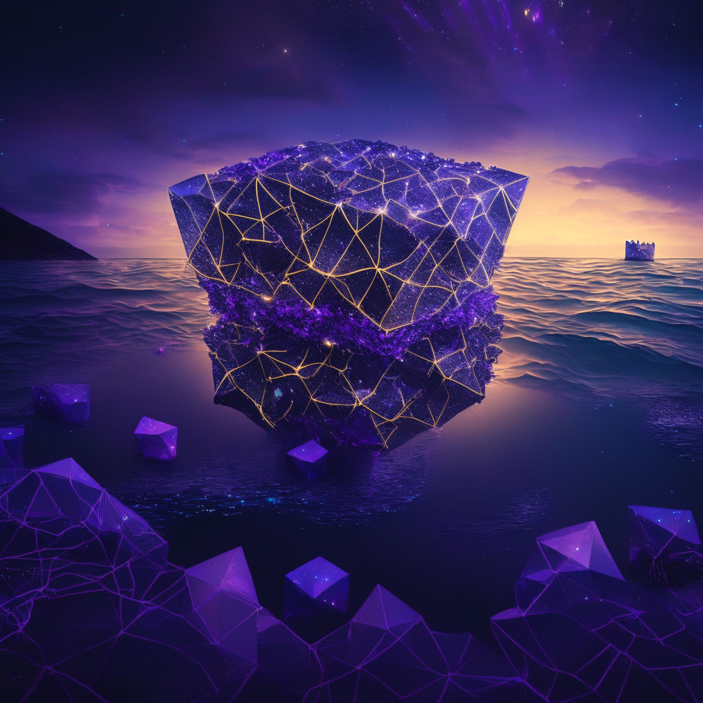 A tumultuous digital seascape under a twilight sky cast in limpid hues of purples and blues, teeming with origami-like network nodes symbolizing blockchain, with one standout node erected in sturdy polygons indicative of the Polygon Foundation. On the seafloor rests a gold-burnished treasure chest, emitting radiant light evoking 5.5 million worth of MATIC tokens transferred. On one side of the seascape, ten silhouettes traverse away towards an ever-setting sun, capturing the departure of executives from a grand nautical ship symbolizing Binance exchange. The overall mood of the image is mysterious, brimming with potential, a delicate balance of tension and intrigue to reflect the narrative of the article.