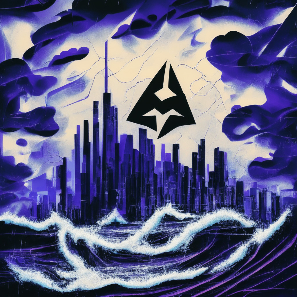 Abstract depiction of Ethereum symbol rising against a sea of fluctuating numbers and graphs, alluding to its market volatility, under a turbulent, stormy sky to symbolize uncertainty. The style should echo cubism, morphing into a distant city skyline aglow with muted, fluctuating neon hues, reflecting the lively blockchain and DeFi ecosystem. A shadowy, giant Bitcoin symbol ominously looming in the background, illustrating the influence it has over Ethereum's price.