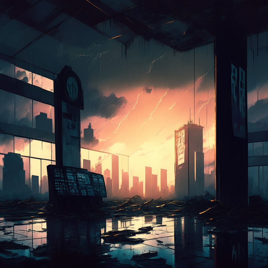 An abandoned digital trading floor under an ominous stormy sky, a setting sun casting long, dramatic shadows. In the center, a large digital exchange ticker frozen in time, showing a symbolic downward trend. Looming in the background, thriving digital cityscape, vibrant with crypto activity. The scene embodying closure, hope, transformation in grungy post-impressionist style.