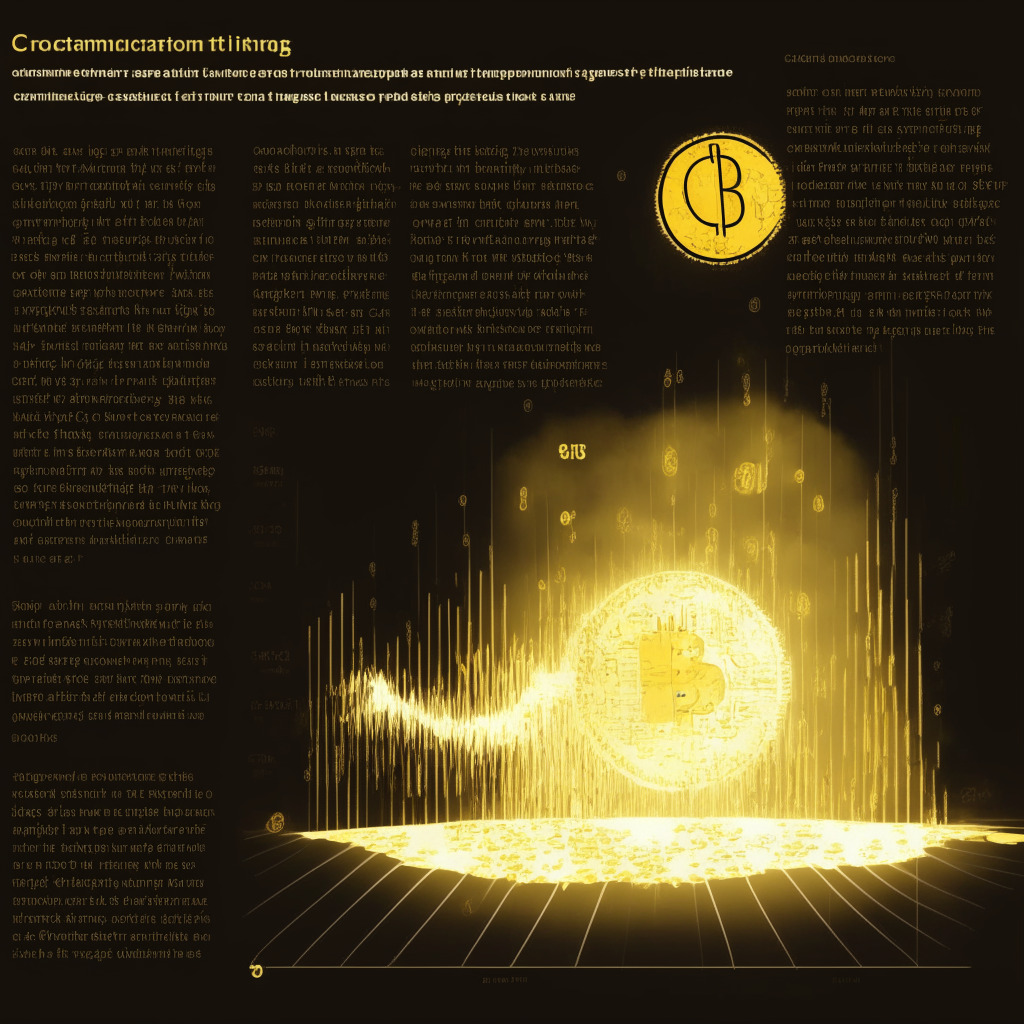 Summarize in an AI-based artwork an article about crypto market shifts. Visualize a symbolic representation of declining OP token value, like a falling gold coin against a stormy background. Add visible market forces pushing it downwards. In contrast, display a small rebound signified by a minor ray of sunshine. Show the looming shape of a courtroom in the shadows for the impending Celsius Bankruptcy. Blend hues of volatility with an overall mood of uncertainty and anticipation.