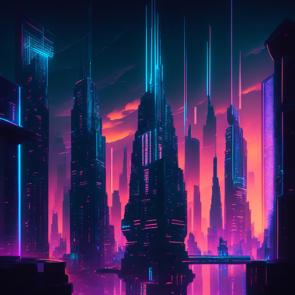 A futuristic cityscape at twilight, bathed in glowing neon lights. Central skyscrapers symbolizing three central banks, an undisclosed structure, and a larger frame representing SWIFT. All are interconnected with ethereal links denoting digital currencies. Reflect a mood of anticipation, curiosity, challenge, and progression in a surreal artistic style.