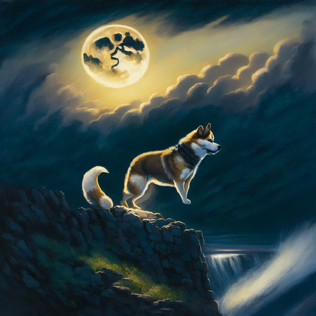 A detailed, impressionistic painting of a Shiba Inu climbing a steep cliff in the dim twilight hours. The coin-shaped moon overhead is partially obscured by ominous clouds, but behind the dog, a brilliant burst of light is breaking through, suggesting resurgence and recovery, and filling the scene with hopeful tension.