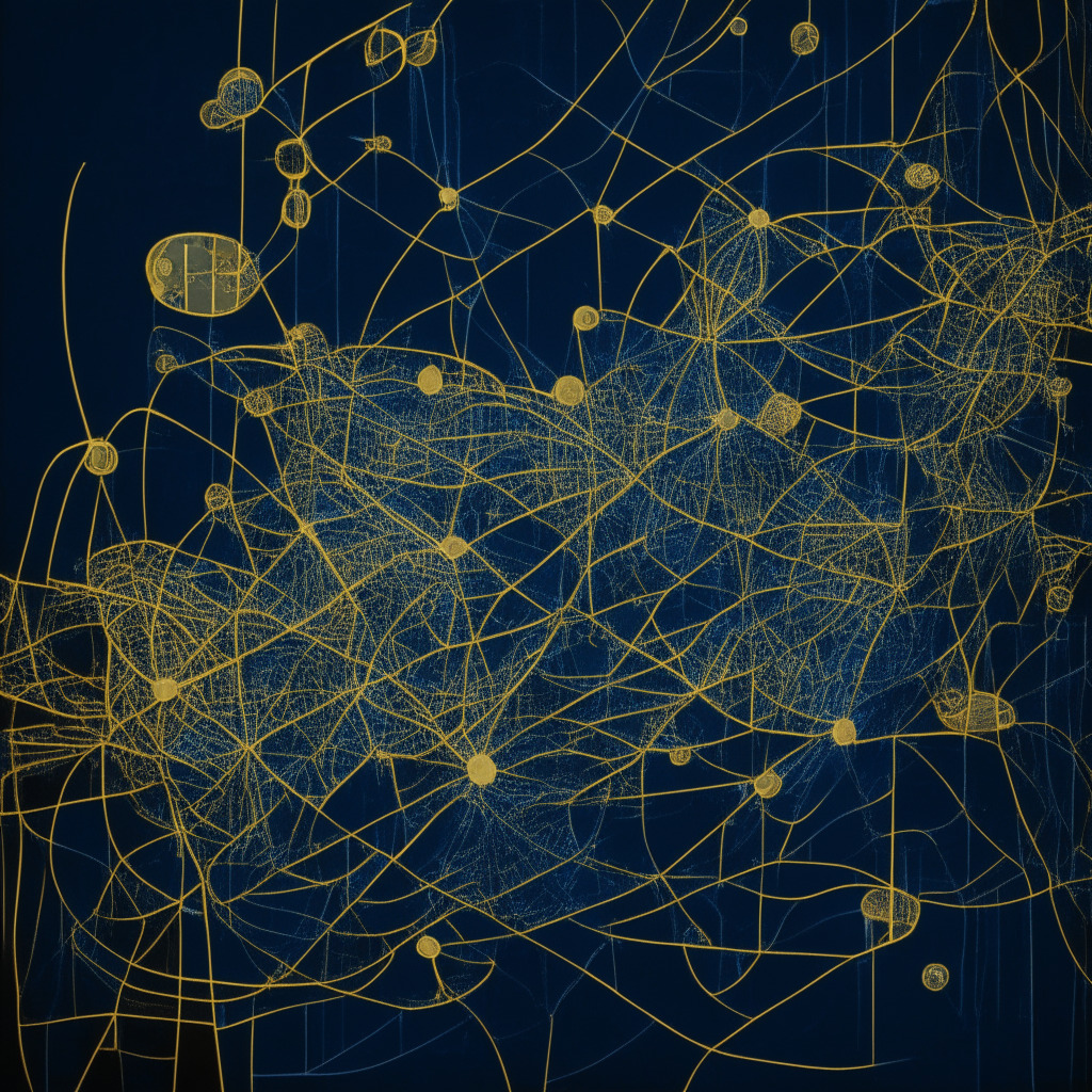 Image of a complex network of golden wires, linking abstract representations of stablecoins and money market funds, embodiment of a sophisticated financial mechanism. The main colors are deep blue and gold, accentuating the somber yet intricate nature. The setting is like an abstract, dark treasury with spotlights on the stablecoins, hinting immense power yet uncertainty. The image gives off a mysterious, uneasy mood, as if something disastrous might happen at any moment. Artistically, use brass textures mixed with digital elements, with shadows for depth and detail.