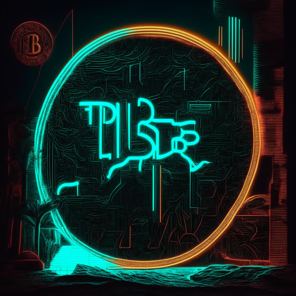 An intricate digital representation of the Turkish lira in neon Mid-Century Modern style, morphing into a token named TRYB, symbolizing its unconventional rise in a luminescent financial landscape. Shading represents its imminent skepticism, while a looming shadow of a giant dollar-coin speaks to USDT's reigning dominance. Cryptocurrency traders navigate this volatile landscape under a dramatically glowing moonlight.