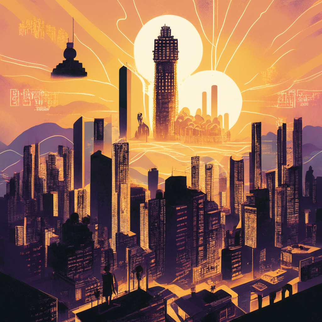 Sunset-lit Taiwanese cityscape with symbolic regulatory building standing tall, Crypto devices being guided by lighthouse-style building, depicting meticulous supervision. Investors, shaped carefree but watchful, hover over a digital map of Taiwan, their cryptic expressions cast in thoughtful shadows as networks of golden virtual currency intertwine. Illustrative of a tightrope, embodying Taiwan's balance between fostering crypto innovation and ensuring security.