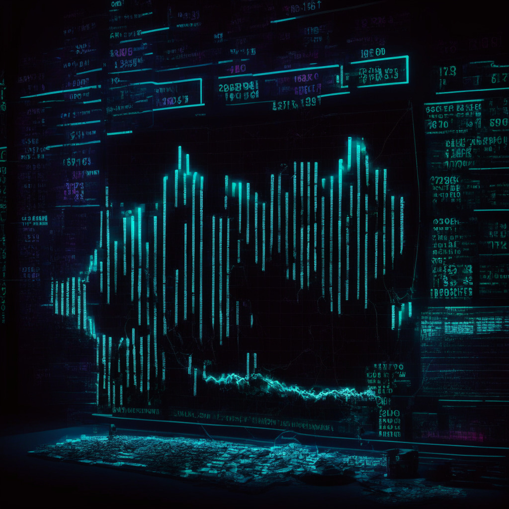 Shadowy digital realm with neon traces of cryptocurrency transactions, representing North Korean hackers' activities. Play full use of tenebrism to highlight the danger, sinister undertones to reflect the threat. Incorporate imagery of a decreasing graph, denoting reduction in heists but still prominent. Imbue a sense of foreboding uncertainty, awaiting the potential billion-dollar hack. Highlight innovative countermeasures like a shining shield symbolizing crypto community's resilience and hope.