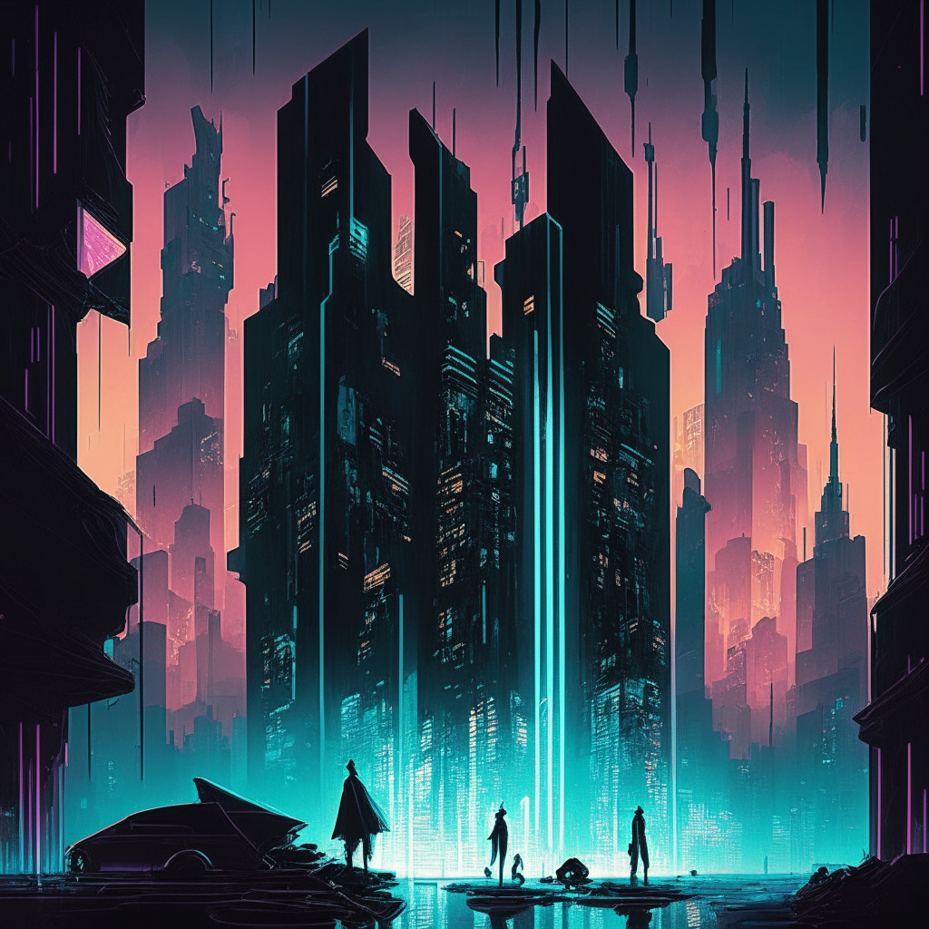 A surreal cyber-noir cityscape; opalescent, fluid skyline represents blockchain technology while shadowy figures symbolize hackers. A large casino edifice, fractured, revealing a glowing hot wallet inside, with traces of vanished crypto coins. Scene bathed in ominous, low incandescent light, reflecting uneasy mood. Swift repairing workers embody recovery effort. Art style evoking dichotomy between progress and vulnerability.