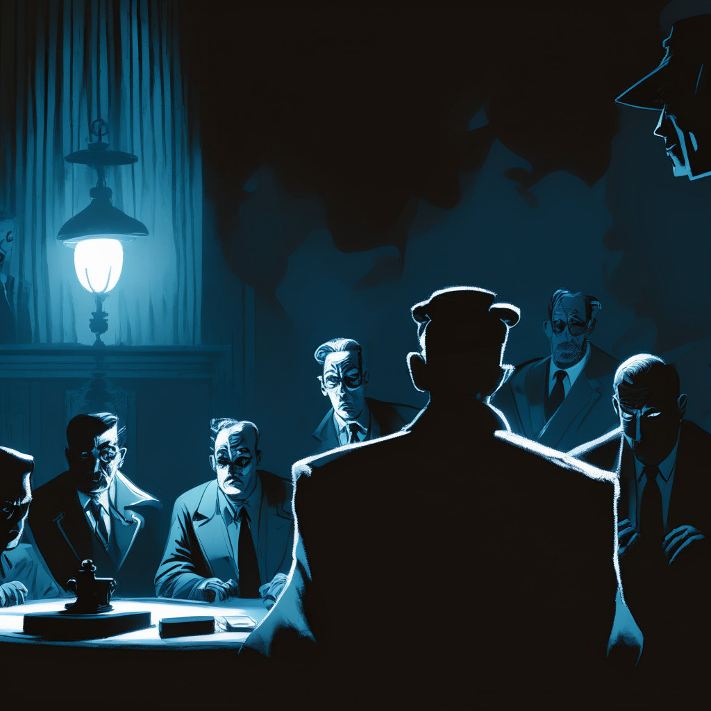 A detailed, noir courtroom scene, bathed in the sinister glow of flickering, dim lamp light. In center, a character representing Sam Bankman-Fried, discussing crypto regulation with stern, firm-faced judges. Displaying muted shades of blue to evoke a somber, tense mood. Shadowy figures in the gallery, representing the watchful eyes of the crypto industry. Abstract visual representation of cryptocurrency, tokens, and blockchain elements in the backdrop, hinting at the irregular, obscured clarity of the crypto domain.