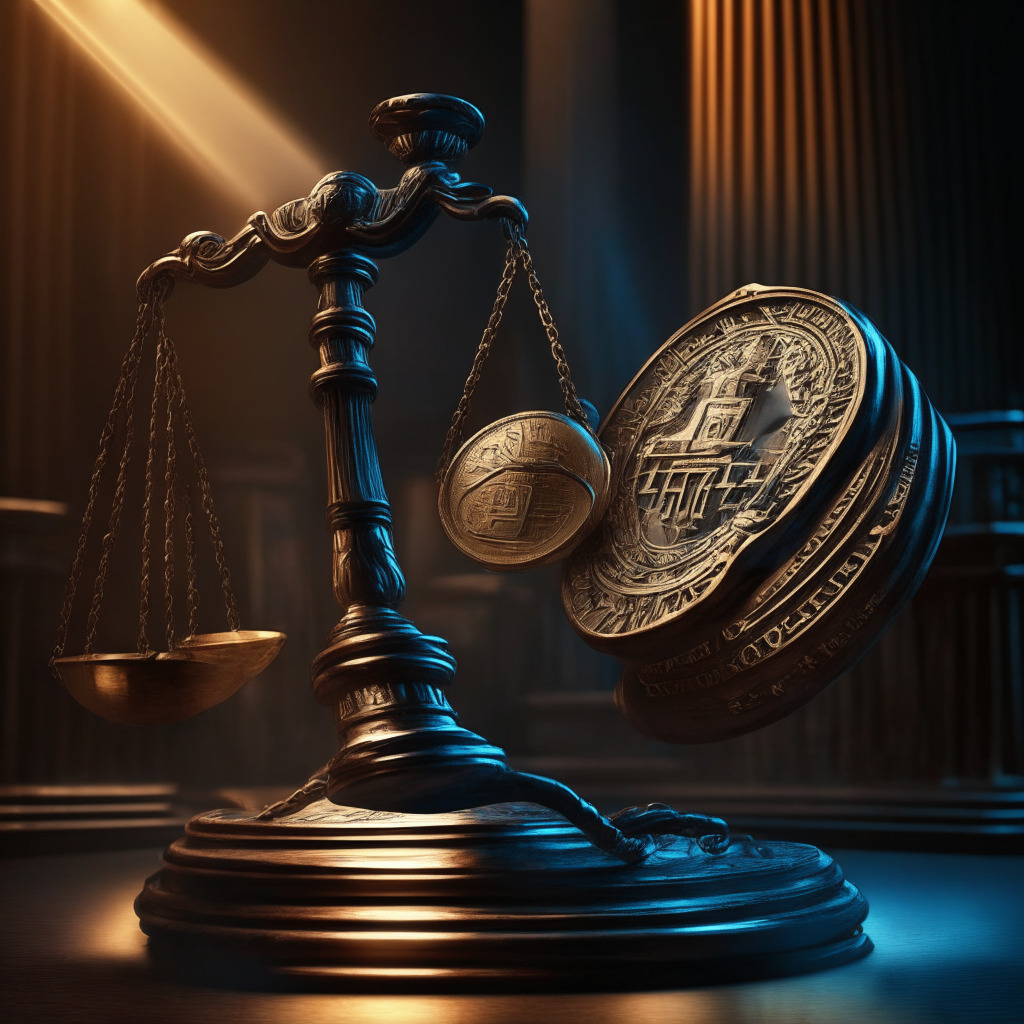A potent mix of modern technology and traditional courtroom drama. Picture an ultra-detailed juxtaposition of a sterling gavel symbolizing authoritative legacy, a dynamic crypto coin glowing with progressive zeal. The mood is tense, the ambiance dim yet highlighted by a powerful spotlight focusing on the clashing symbols. Artistically, imagine a Chiaroscuro style, highlighting the sharp conflict and ambiguity of the situation.