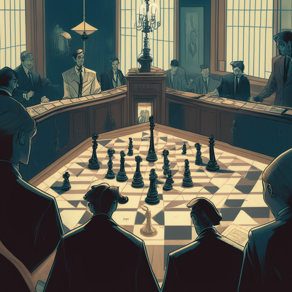 A court scene with a blockchain twist, half-lighted room with shadows dancing on wooden panels, the atmosphere tense. A stern but fair judge, surrounded by perplexed faces and cold stare of Craig Wright. Hand-curated mélange of art nouveau and photorealism styles. The aura of a financial chess game, full of suspense, intrigue, and the uncharted territory of bitcoin disclosure issues.