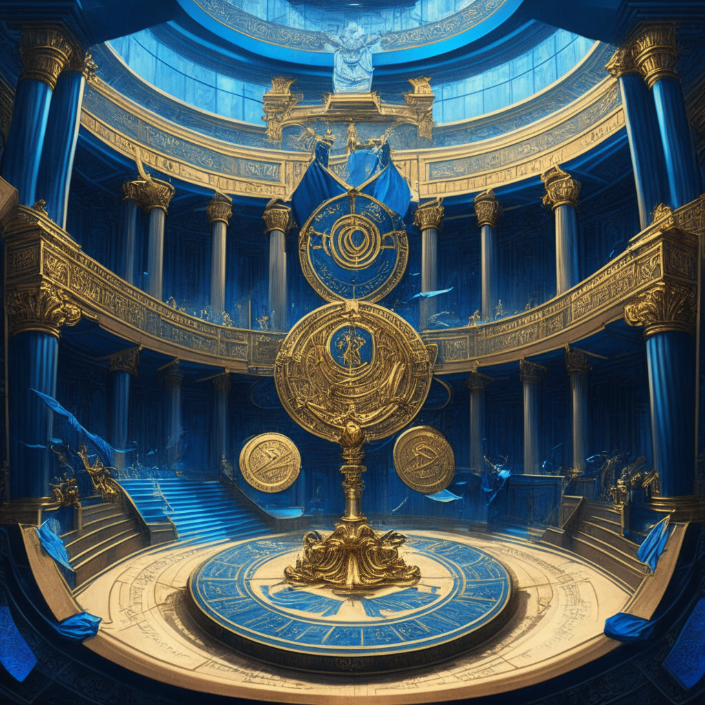 A grand courtroom bathed in oscillating blue and gold hues, symbols of two opposing forces locked in a complex dance. At the center, giant scales symbolic of justice, with intricately etched cryptocurrency coins on one side, business papers on the other. Mood intense, style a mix of realism and surrealism.