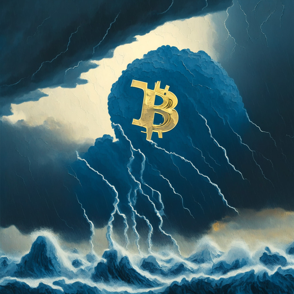 A powerful storm encompassing the global economy, illustrated in subdued hues of grey and blue, a glaring Bitcoin rising above it, radiating strength and resilience, in warm golden tones. A blend of Impressionist and Surrealist styles, the scene exudes a tense, grave yet hopeful mood - embodying the Crypto paradox, its resilience amid financial tumult.