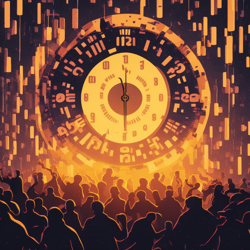 An abstract representation of cryptocurrency market frenzy in warm twilight hues, depicting a pulsating EmotiCoin representing astronomic surge in value. A looming, translucent image of a clock in the background marks a 4-hour countdown, symbolizing a Reverse Split Protocol. Distinct in the foreground, a crowd of silhouettes gesturing towards an ascending Wall Street Meme coin, embodying anticipation and excitement of an upcoming CEX launch. Overall atmosphere underpinned by buoyancy and thrill of soaring digital treasure.