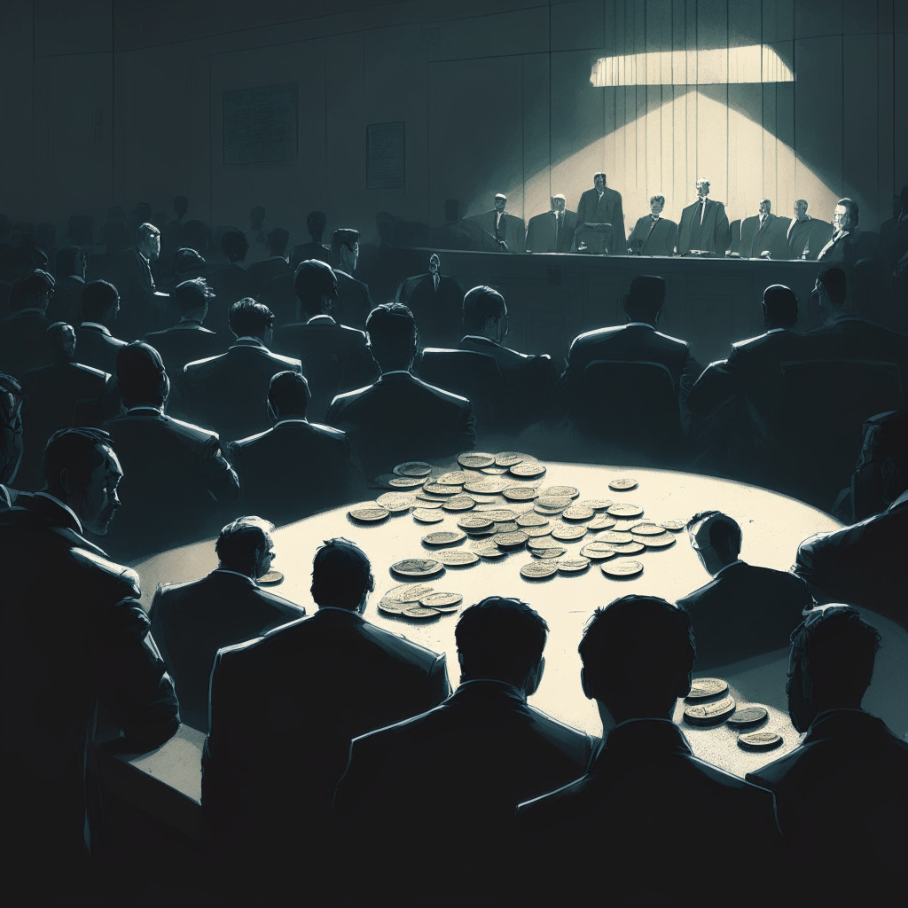 A somber courtroom, dimly lit, creating heavy shadows that add to the weight of the scene. In the center, a pile of digital coins symbolizing cryptocurrency. To the side, a white-collar inmate, symbolic of the accused ex-CEO. Investors watching intently from the sides, their faces full of anticipation and cautious hope. In the background, a fragile scale, balancing a feather (ethics) and a gold coin (profit). Artistic style reminiscent of film noir to emphasize the gravity of the situation.