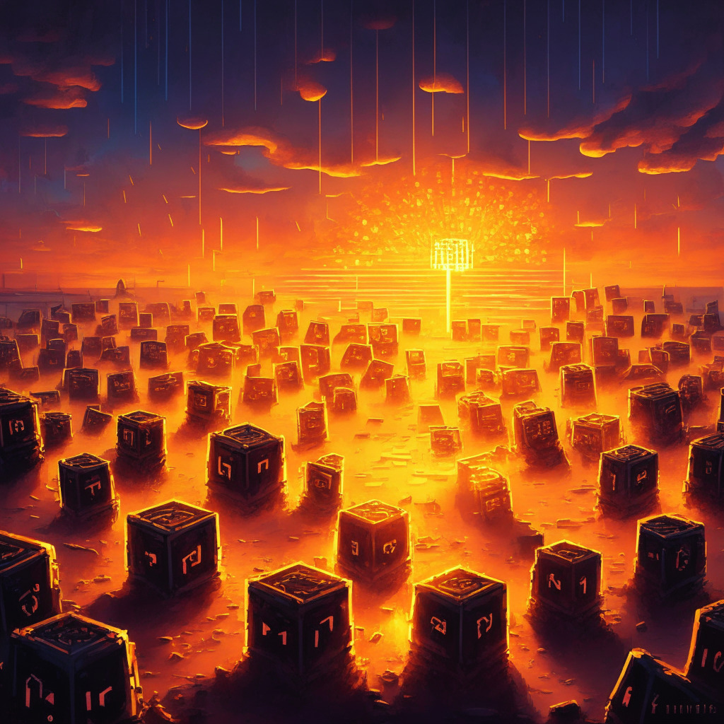 Late evening sunset illuminating the horizon of glowing computer nodes, stylized in impressionistic art, representing Bitcoin mining. In the foreground, a collection of rustic treasure chests depict hodlings, cast in a hopeful beam of light. The figures maneuver around a plunging hourglass symbolizing Bitcoin held on exchanges. A tense, spirited mood.