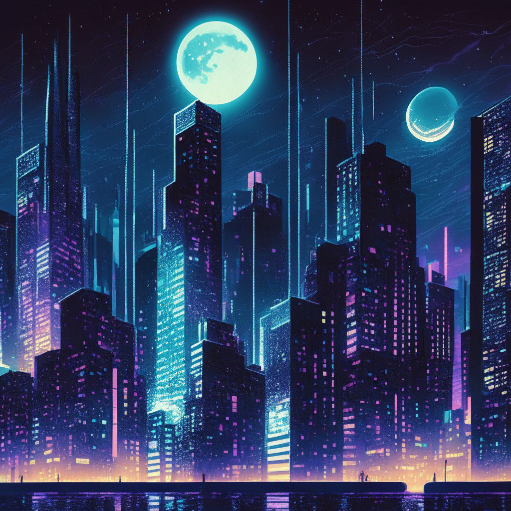 A night cityscape, filled with abstract holographic representations of cryptocurrencies and digital transactions, glowing vibrantly under the moonlight. The city is dominated by futuristic blockchain buildings, exhibiting a sense of progress and change. At its core, a silhouette of a traditional bank seems to fade into the shadows, a symbol of the old world being overshadowed. This image, illustrated in a neo-futuristic style, should delineate the mood as hopeful yet cautious, capturing the transition being made from traditional to decentralized economies.