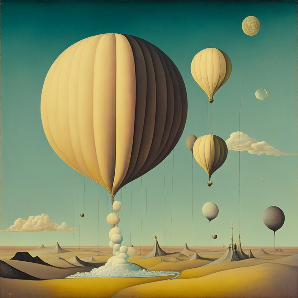 A muted color palette depicting a surreal scene of rapidly inflating hot air balloons symbolizing inflation, grounded waning moon-like cryptocoins for the weakening cryptocurrency market, juxtaposed with blooming oil wells to signify rejuvenating oil prices. The image is reminiscent of a Dali painting, enigmatic and thought-provoking. Light is mellow, reinforcing a sense of anticipation. Overall mood: introspective, uncertain.