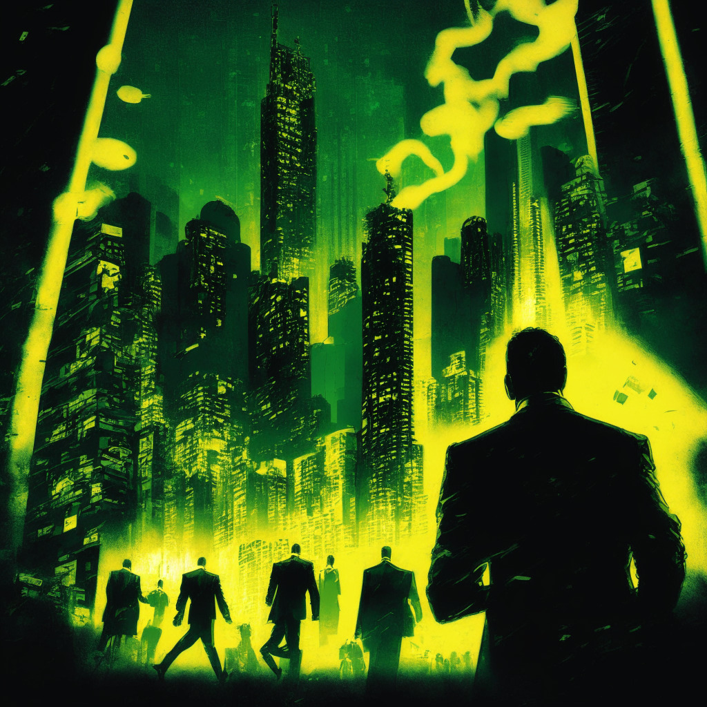 An evocative representation of a major crypto exchange scandal, painted in the film noir style. A dramatic scene features a digitally rendered Hong Kong backdrop illuminated by neon lights, including shadowy figures evading pursuit among towering skyscrapers, with hints of gold and cash being seized in the foreground, and casino elements to symbolize laundering. In the background, gloomy paper particles representing shredded evidence float in the air. The mood should be tense and enigmatic, symbolic of regulatory uncertainties in the world of blockchain and crypto.