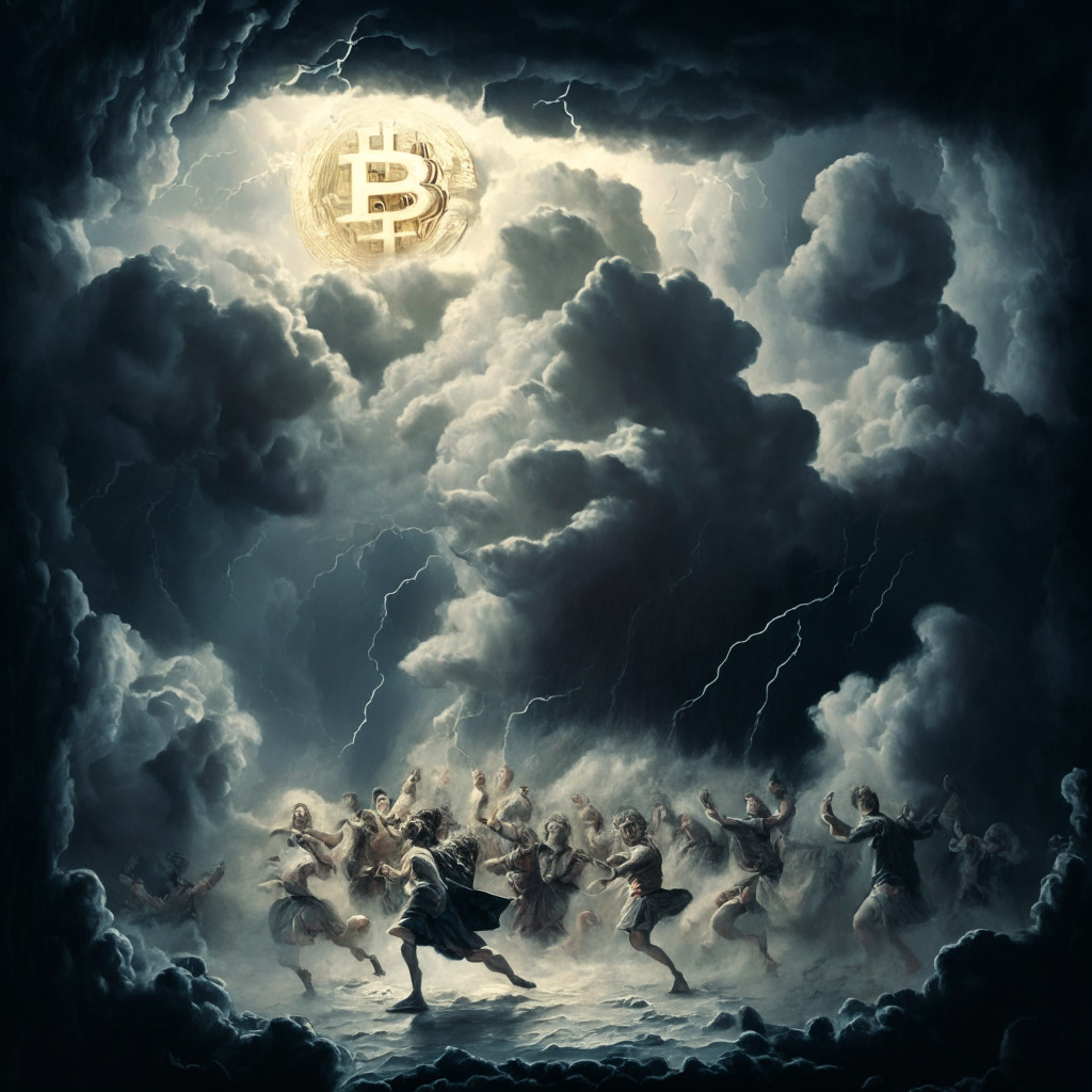 A scene showing short-term holders of bitcoin surrounded by turbulent market storm, wrapped in a cloud of panic and unease. The style is Baroque, emphasizing movement, tension, and dramatic lighting. A volatile environment is depicted, hinting apprehension and losses, contrasted with a small ray of corner-eyed optimism and resilience peeping through the dark clouds, symbolizing anticipated comeback in Q4. Mood: tense yet hopeful.