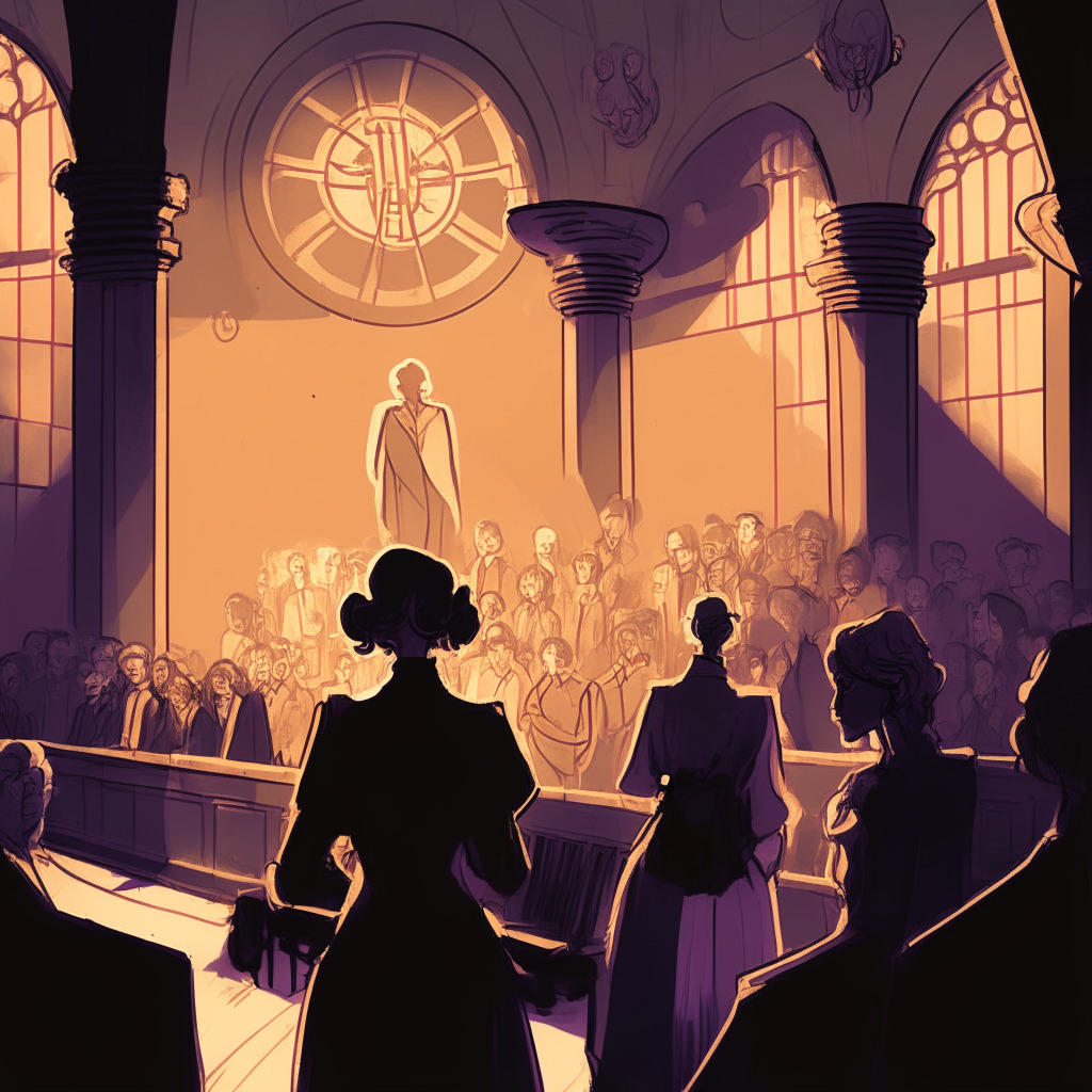 A twilight courtroom decorated in Art Nouveau style, a figure, embossed in shadows and mystery, understood as a rogue crypto operator. A crowd of distraught older women, symbolic of the victims, painted in subdued pastels. A backdrop featuring iconography of Ethereum, suggesting a revolutionary shift in digital asset regulation, shimmers under setting sun.