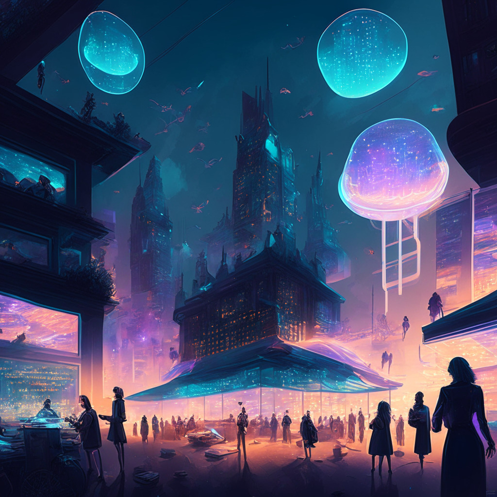 Detailed illustration of a metaverse city, blending neo-futurism and magical realism. Key elements: busy marketplace with people trading virtual goods, translucent records of transactions floating above them like holograms, courthouse representing legalities; all under a twilight sky emitting moody glow. Tension is palpable, as if hinting at the looming issue of taxation.