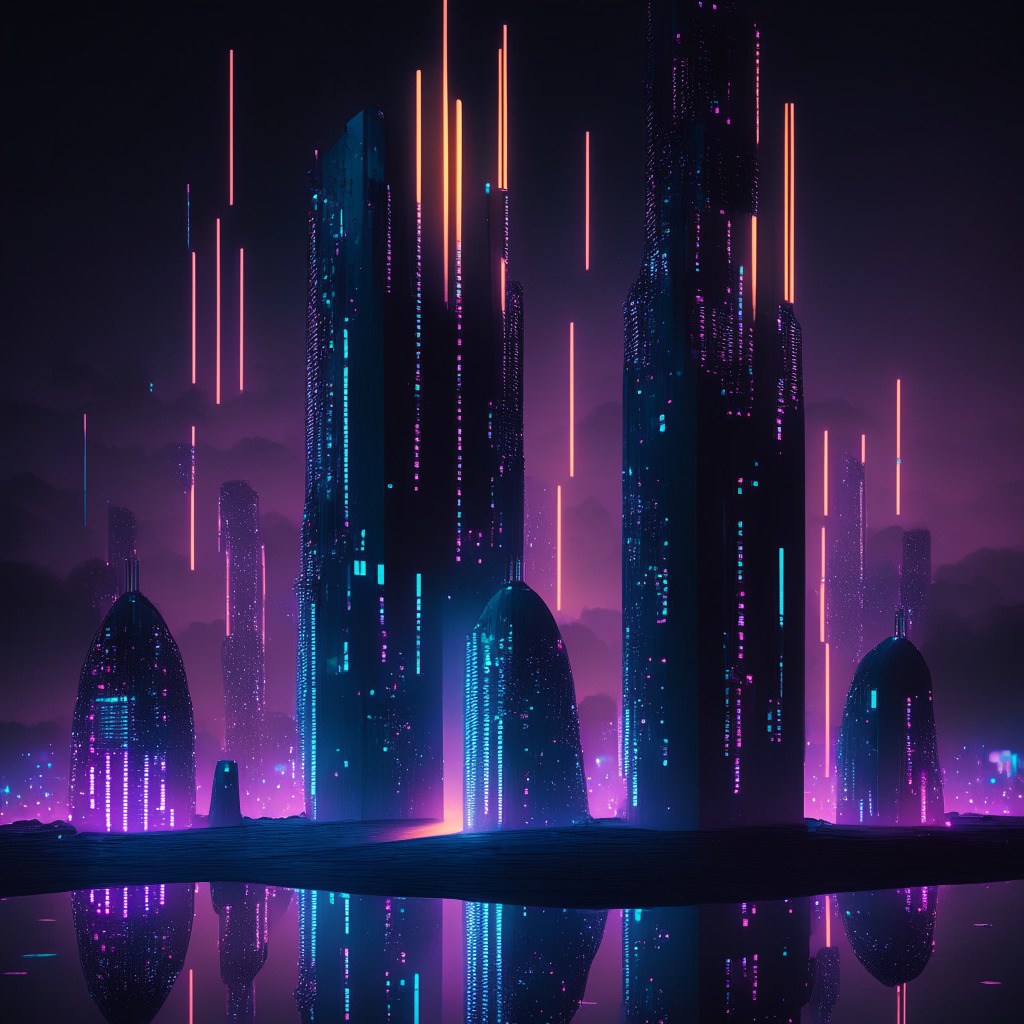 A futuristic cityscape at twilight, illuminated by neon lights. Tall, sleek, interconnected towers symbolize the Cosmos Network blockchain, glowing tokens float around representing ATOM. Liquid-like ripples signify the newly introduced liquid staking module. The scene combines the feel of the high-tech with the calming grandeur of the night sky, conveying a feeling of transformation, evolution and complexity within the blockchain universe.