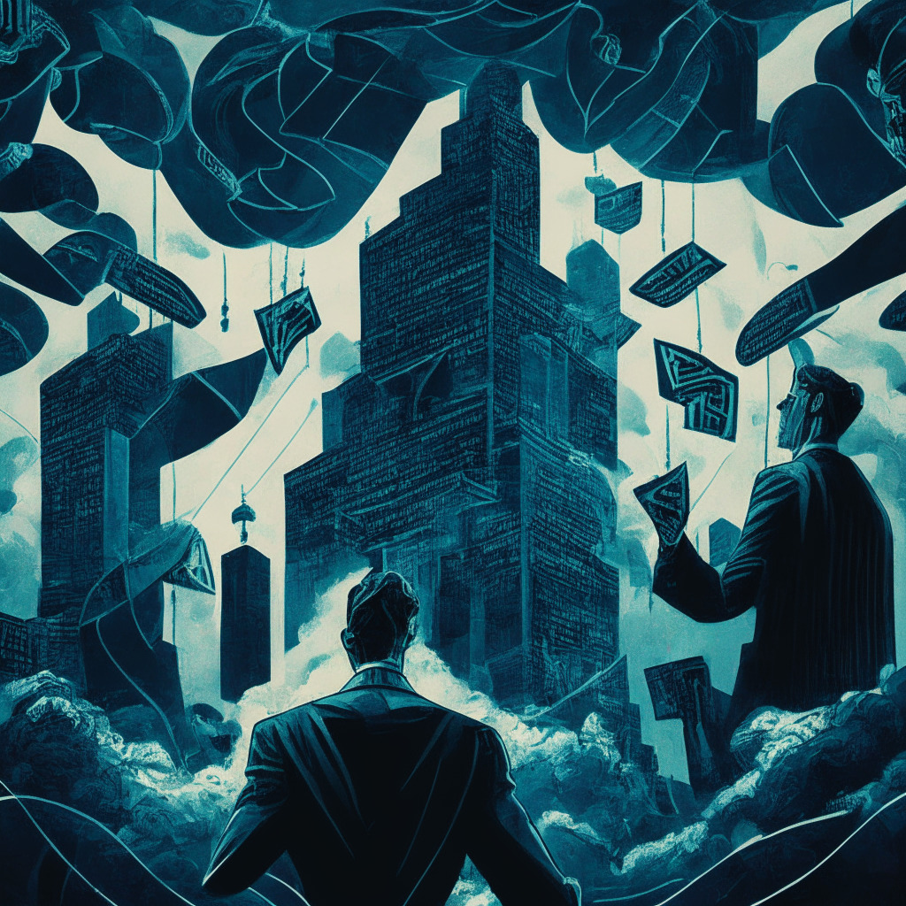 A dramatic depiction of a chaotic financial skyline, dual towers symbolizing the Winklevoss twins and Genesis Global looming over a sea of swirling cryptocurrency. In the foreground, a gloomy courtroom scene illustrates a tense legal battle. The image is fusing cubism and surrealism effects, with a moody, dark and gloomy lighting that creates a sense of uncertainty and intrigue.