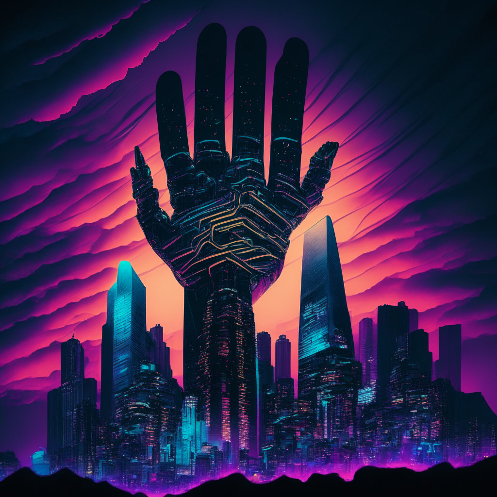 A shadowed cityscape of Hong Kong under an ominous twilight sky, a giant hand, representing regulatory authority, hovers over towering digital structures symbolic of crypto exchanges. The hand is accented with a robotic, futuristic design. Light from surrounding structures cast dramatic shadows, adding depth and intensity. A spectrum of neon colors gives a surreal touch signifying the promise of high returns. The mood is tense, mirroring the serious consequences of breaking regulations.