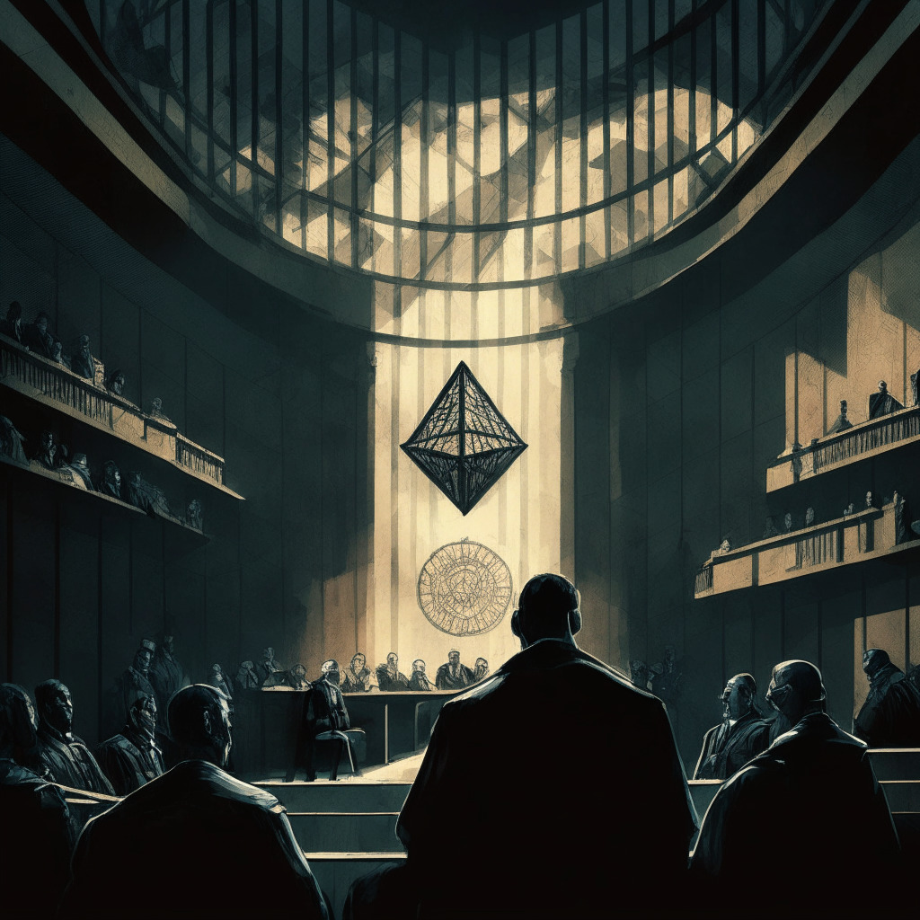 Dystopian court scene, stark lighting intensifies contrast of justice. Pablo Rodriguez being sentenced by stern, mighty judge, foreground, pyramid-shaped prison bars demonstrating Ponzi nature. Far back - scared co-partners. Layers of lavish lifestyles, Bitcoin coins suggesting fraud. The atmosphere is heavy with impending doom, corresponding the seriousness of their crime.