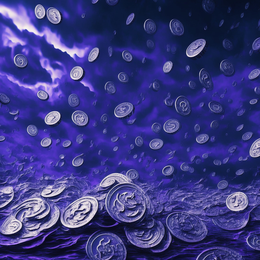 An abstract visualization of a coin/token storm, swirling with cool-toned metallic tokens against a somber blue-violet sky, representing uncertainty in the Aptos' token release. Evoke a scene of a dynamic, data-driven market, with a turbulent texture to suggest potential volatility. A light source from beneath illuminates shadows on the myriad of tokens descending from the sky, suggesting caution and alertness required in upcoming financial decisions.