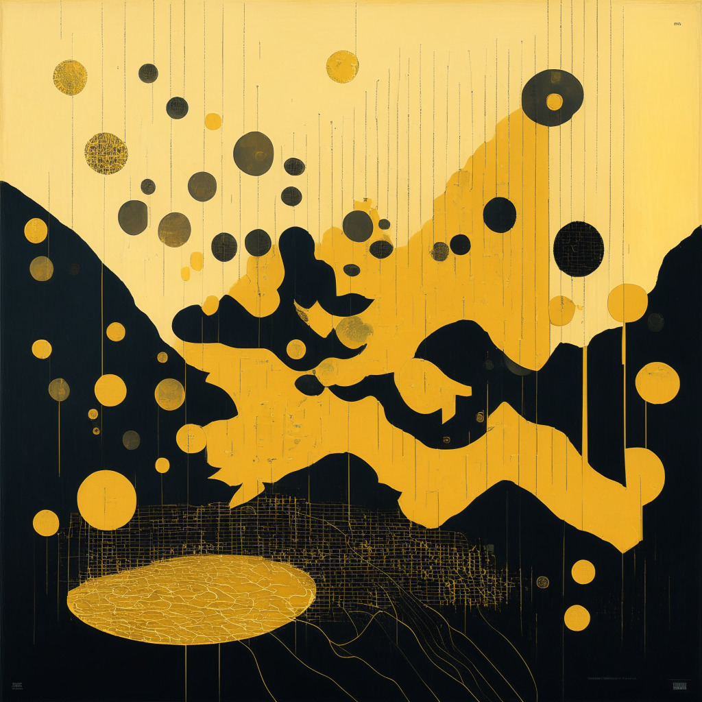 A nuanced mid-century modern painting, portraying a cryptic map dotted with volatile peaks representing fluctuating cryptocurrency values, ambient dim light reflecting off a '404 | Page Not Found' sign symbolizing unpredictability, scattered gold coins as potential opportunities, and soft shadows suggesting risk and skepticism, with an overall mood of anticipation and uncertainty.