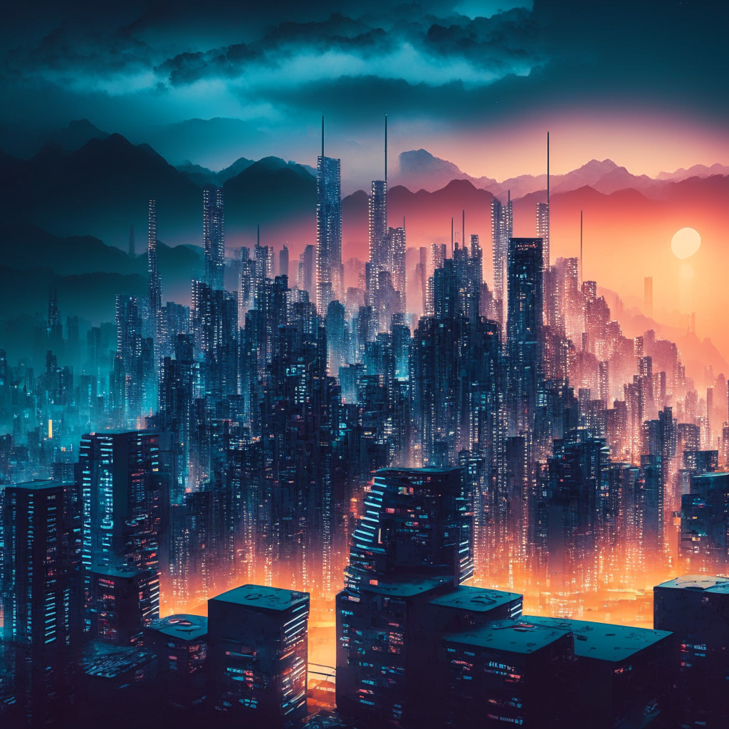 A futuristic cityscape of Busan, South Korea at twilight, glowing beneath a cloudy sky. The city is vibrant with digital innovations. In the foreground, an abstract representation of a tokenized asset using blocks to symbolize blockchain technology. The scene is depicted in an imaginative, futurist style focusing on the immense technological advancements and encapsulates a hopeful yet intense atmosphere.