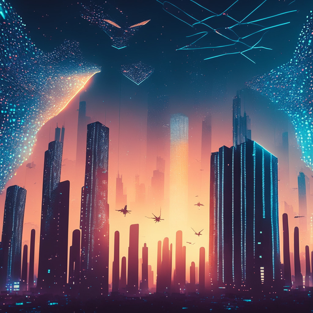 A neo-futuristic cityscape at dusk, illuminated by ethereal blockchain-like structures projecting from high-rise buildings. In the foreground, emerging Web3 start-ups represented by 15 unique, glowing seeds about to take flight. The sky, an ombre of innovation, excitement, and potential, under the watchful presence of guiding stars personifying industry mentors. An overall mood of vibrant hope, optimism, and suspense.