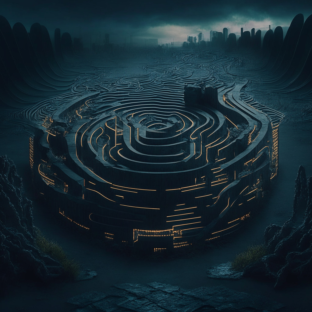 Dystopian digital terrain bathed in moody twilight hues, featuring a sleek design of a high-tech labyrinth symbolizing the complex sphere of cryptocurrency. Image subtly integrates elements of phishing hooks, drained wallets, and hidden links, evoking mood of subterfuge and risk.