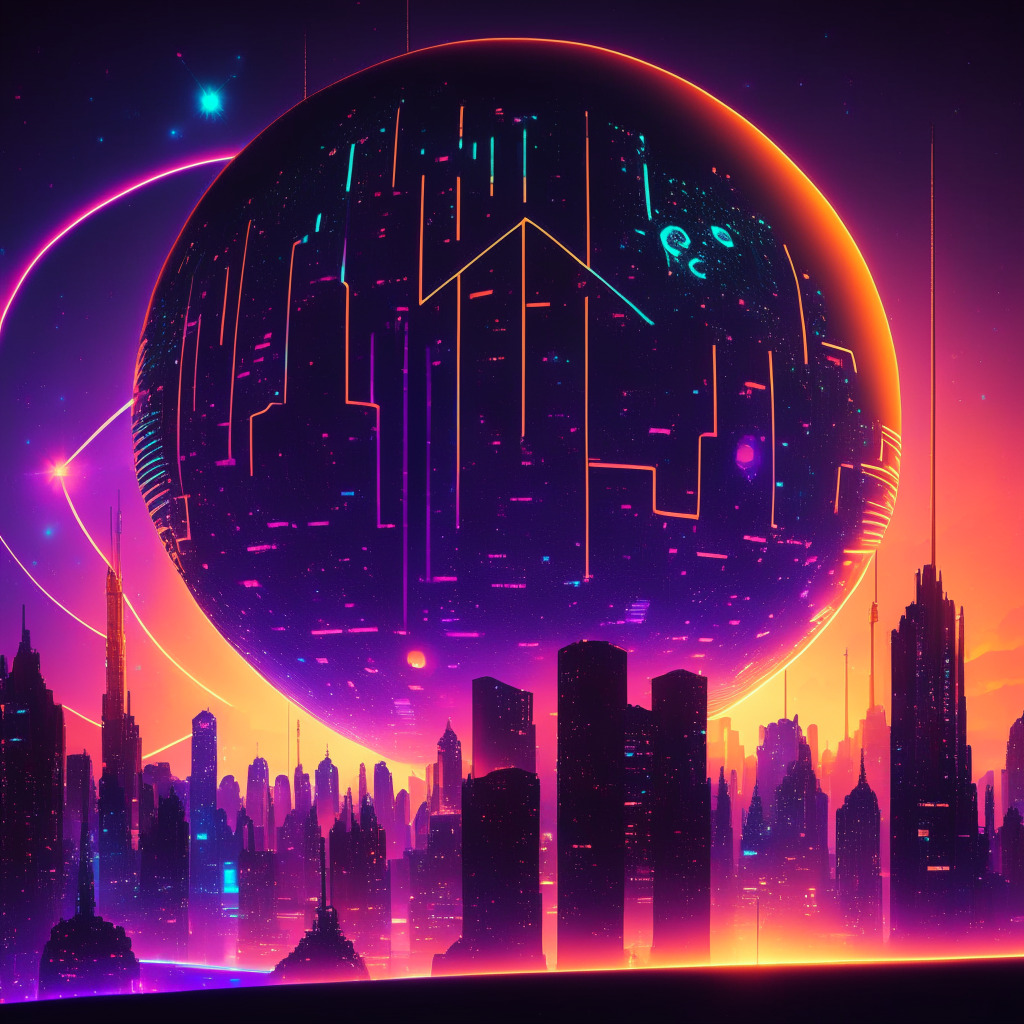 A futuristic cityscape at dusk, glowing with neon hues of the blockchain, bridging silhouettes of towers. In the foreground, vivid symbols representing universal profiles, a digital identity tethered to a star, symbolizing the creative user. Backlit by a large, orb-like structure symbolizing the blockchain. Mood: revolutionary, inspiring, with an air of anticipatory excitement.