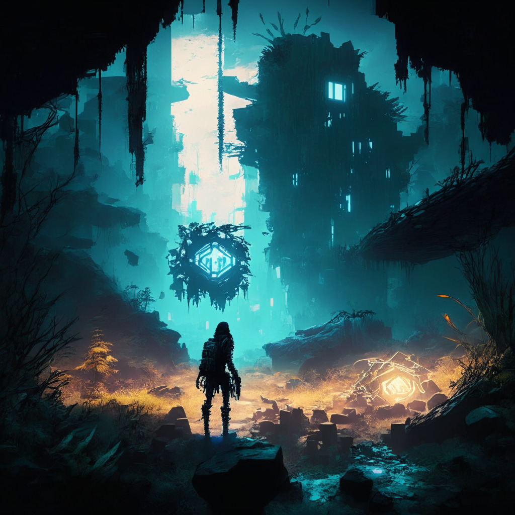 Post-apocalyptic scene with futuristic MMORPG elements, six distinct NFT tokens illuminating a sparse, dying world, a marriage between artificial intelligence and blockchain artistry. Depict an eerie, digitally disrupted wilderness, remnants of lost civilizations clinging to life, filtered in a wary, twilight glow. Hint at a player-driven narrative, and the balance between game-driven adventure and potential bubble economy uncertainty.