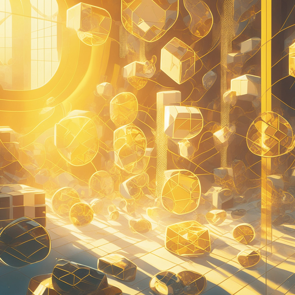 Imaginary Crypto Exchange Trading Desk under soft golden sunlight, styled in smooth cubism art. Traders are studying intricate chains, look of focus and determination accentuating the mood of seriousness, while beautiful off-chain transactions float in the air like ethereal bubbles. A sense of transparency and confidence permeates the detailed scene.