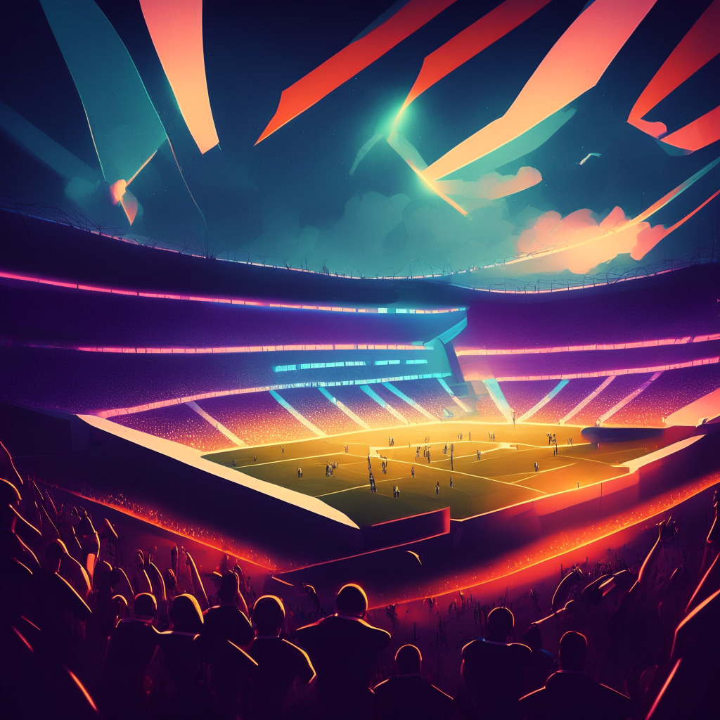 A futuristic sports stadium under a dusk sky, glowing with radiant spotlights. Fans in vividly colored jerseys, cheering energetically with NFT-based flags in the crowd. The scene sets a dramatic mood, highlighting intense soccer gameplay in the forefront with 3D rendered avatars playing a virtual match, inspired by a Picasso Cubism style. The backdrop is buzzing with watch parties and vibrant digital displays promoting interactive Web3 games involving LALIGA teams. There's a hint of anticipation and excitement in the air, mirroring the revolutionary blend of sports and blockchain.