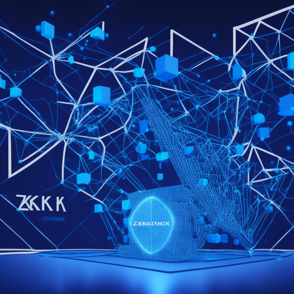 An abstract representation of Polygon's $1B commitment to ZK-Rollups and blockchain interconnectivity. Predominant motif includes multiple connected chains evolving into a single entity, against a backdrop of high-tech keynote conference. The setting should exude a vibe of cutting-edge innovation, rendered in a futuristic blue hue to represent the digital realm, with a sense of fluid transferability to symbolize high scalability and robust liquidity. Accentuate with rapid streams of light symbolizing lightning-fast transactions, and an under-layer of recursive patterns indicative of ZK-proof technology. Overall, capture a mood of anticipation, and the promise of a technological revolution.