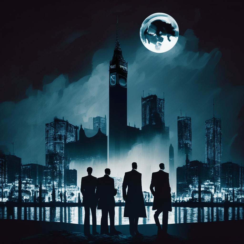Crypto exchange Luno halting investments on a moonlit London backdrop, hinting tightened FCA regulations. Silhouettes of dapper investors in the foreground, cryptic in nature. Monotone color wheel, neo-noir digital art inspired, contrasted light for dramatic effect. Mood of suspense and anticipation.