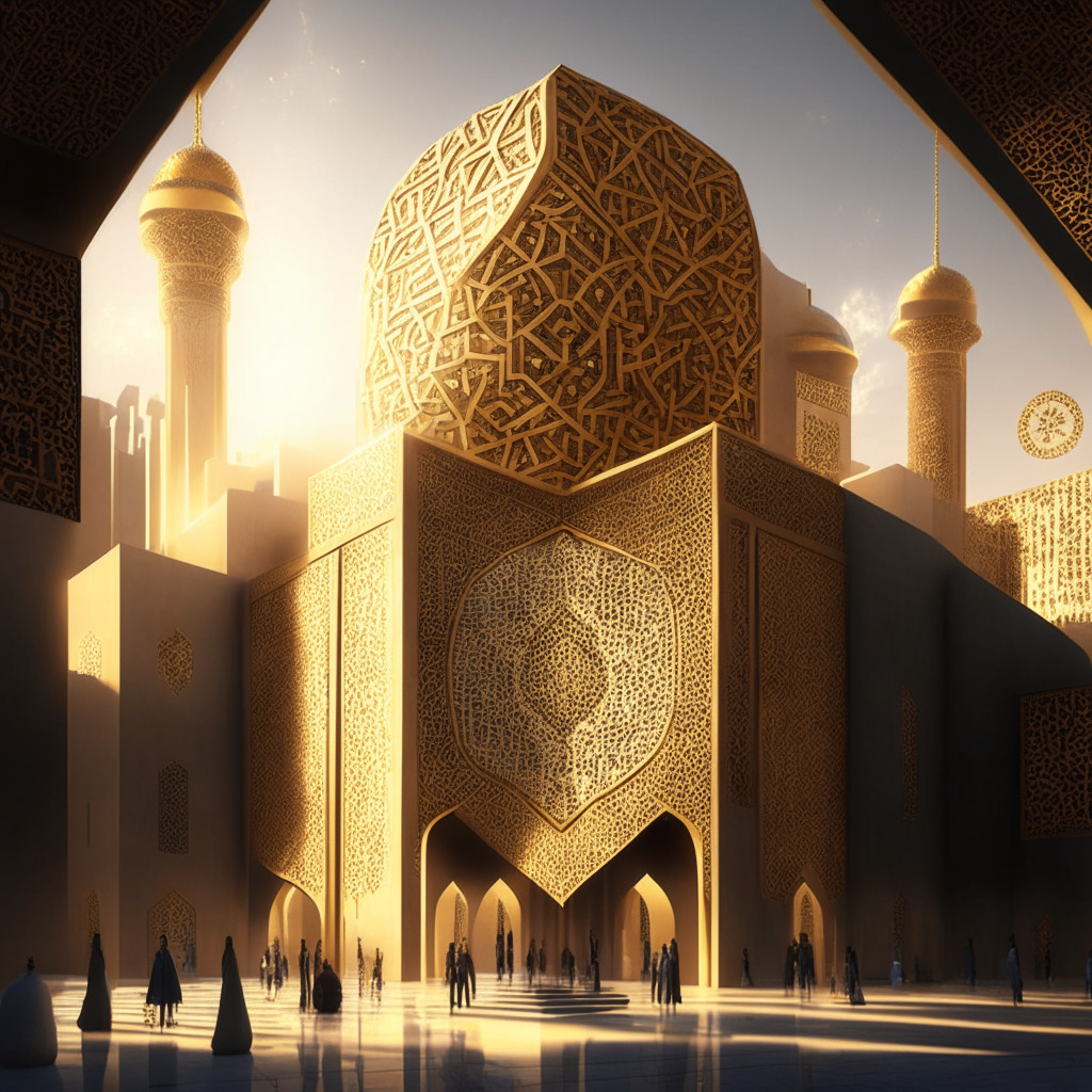A 21st century digital financial meeting hub reflecting Middle Eastern architecture, illuminated by warm, gilded light. Blockchain nodes, resembling ornate Islamic geometrical patterns, merge seamlessly with pieces of ancient Quranic script. A symbolic coin, imprinted with Shariah-inspired elements, hovers amidst. The mood is suspenseful yet hopeful, with a surrealistic touch.