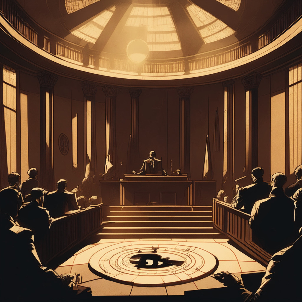A courtroom interior, under dramatic harsh lighting, blending realism with expressionistic style, casting sharp shadows within the room. At the center a former crypto mogul, symbolized by a Bitcoin emblem, pleading to a stern panel of judges, represented by judicial scales. The overall mood of the scene is tense, and grave, with an air of seriousness highlighting the conflicting themes of innovation and regulation within the crypto industry.