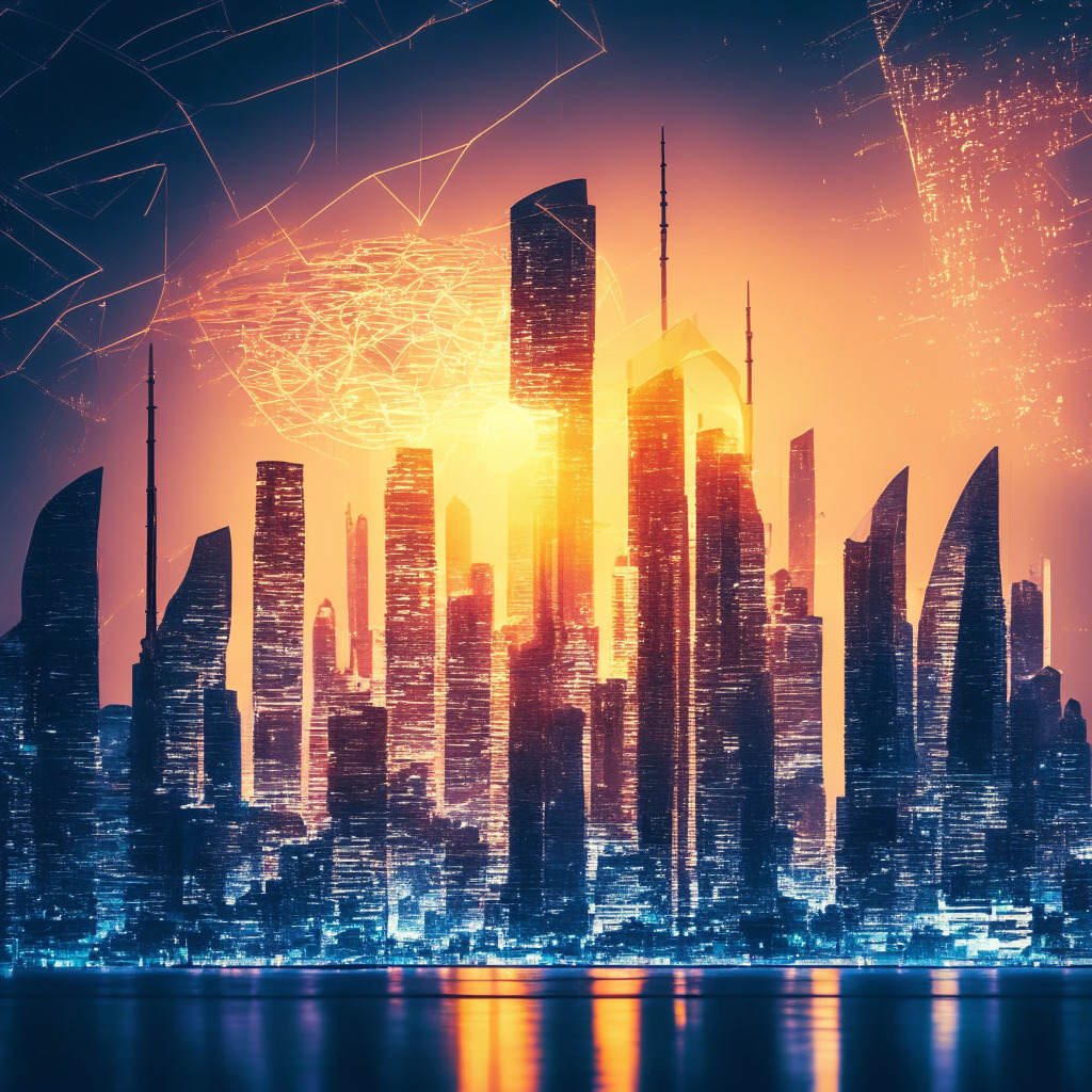 Dawn of a new era in an Asian cityscape, illuminated by an ethereal incandescent glow, symbolising technological revelations in crypto-tech by Eastern teams. Trace visual elements of ethereum blockchain, account abstraction wallets, key recovery - all revolutionizing crypto technology. Amidst historic structures, visualize fleeting figures of developers, conveying the East's burgeoning mastery, contribution, and shift to crypto dominance. The tone should convey hopefulness, but also hints of emerging competition. Use Renaissance art-style