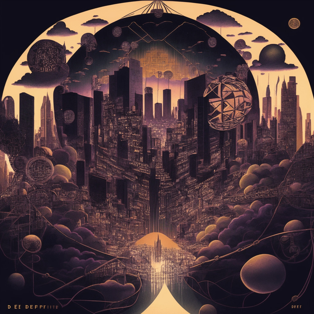 A complex financial cityscape depicting the highs and lows of the DeFi sphere, draped in dusky twilight colors suggesting risks and rewards. A looming shadow represents an anonymous entity affecting cryptocurrency, bright bridges symbolize cross-chain collaborations, opulent mansions embody growing number of crypto millionaires, and a crowded marketplace denotes volatile financial dynamics. The scene is enlivened with crypto-inspired elements, subtly conveying the evolving attitudes towards digital investment. Richly-detailed in an impressionistic style, the image signifies the convergence of traditional finance with innovative tech, illuminating the path to its broad acceptance and normalization.